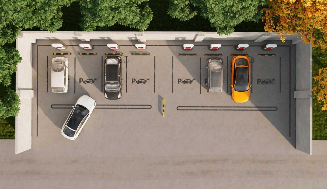 Electric vehicles parked at EV charging stations in a electric fleet setup
